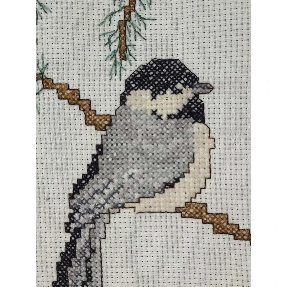 Handmade Cross Stitch Chickadee‎ Winter Scene Needlepoint Art Decor Completed